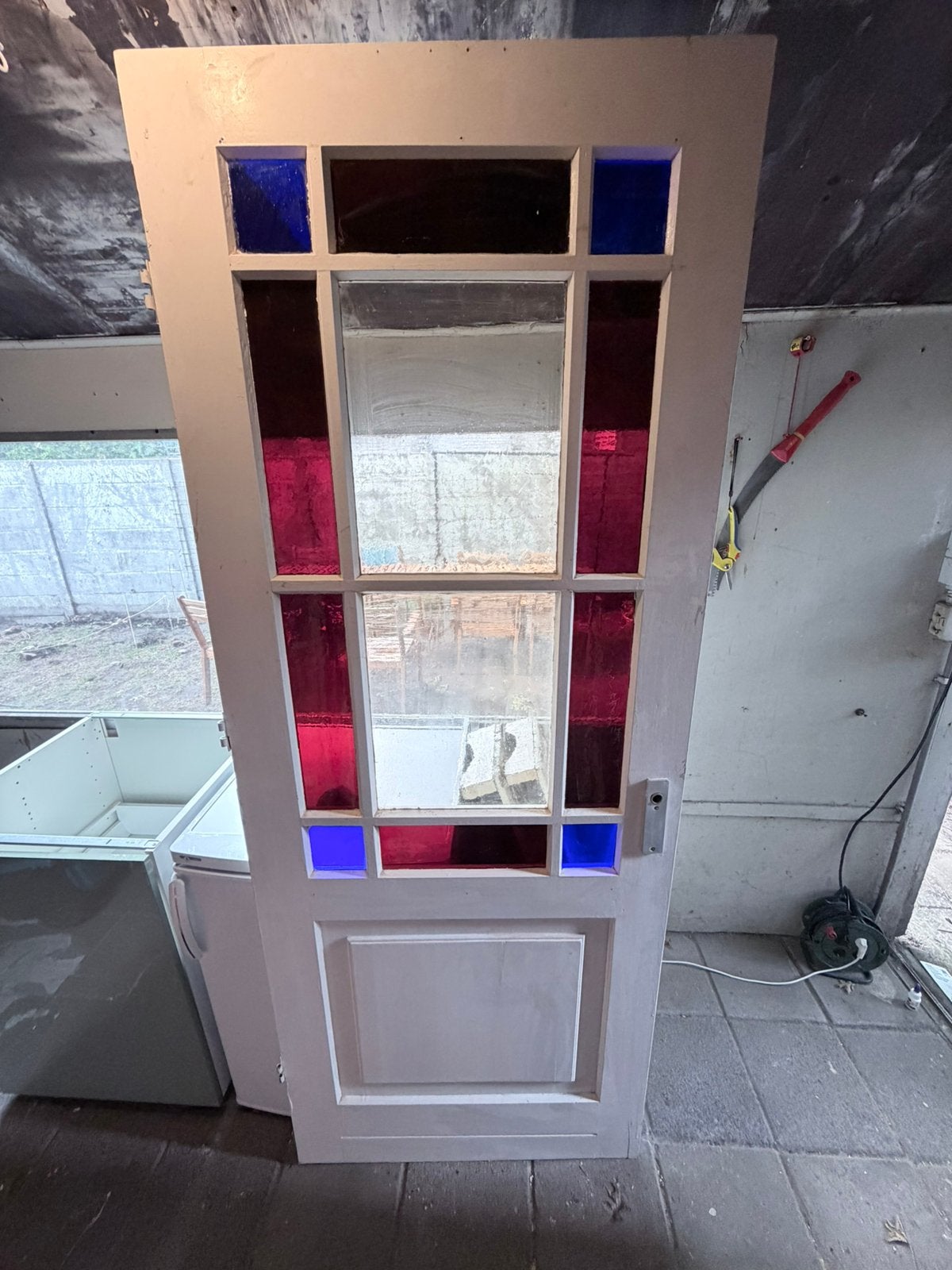 Antieke glas in lood deur jaren 30 rood & blauw mondriaan, Doe-het-zelf en Verbouw, Deuren en Horren, Ophalen, Gebruikt, Binnendeur