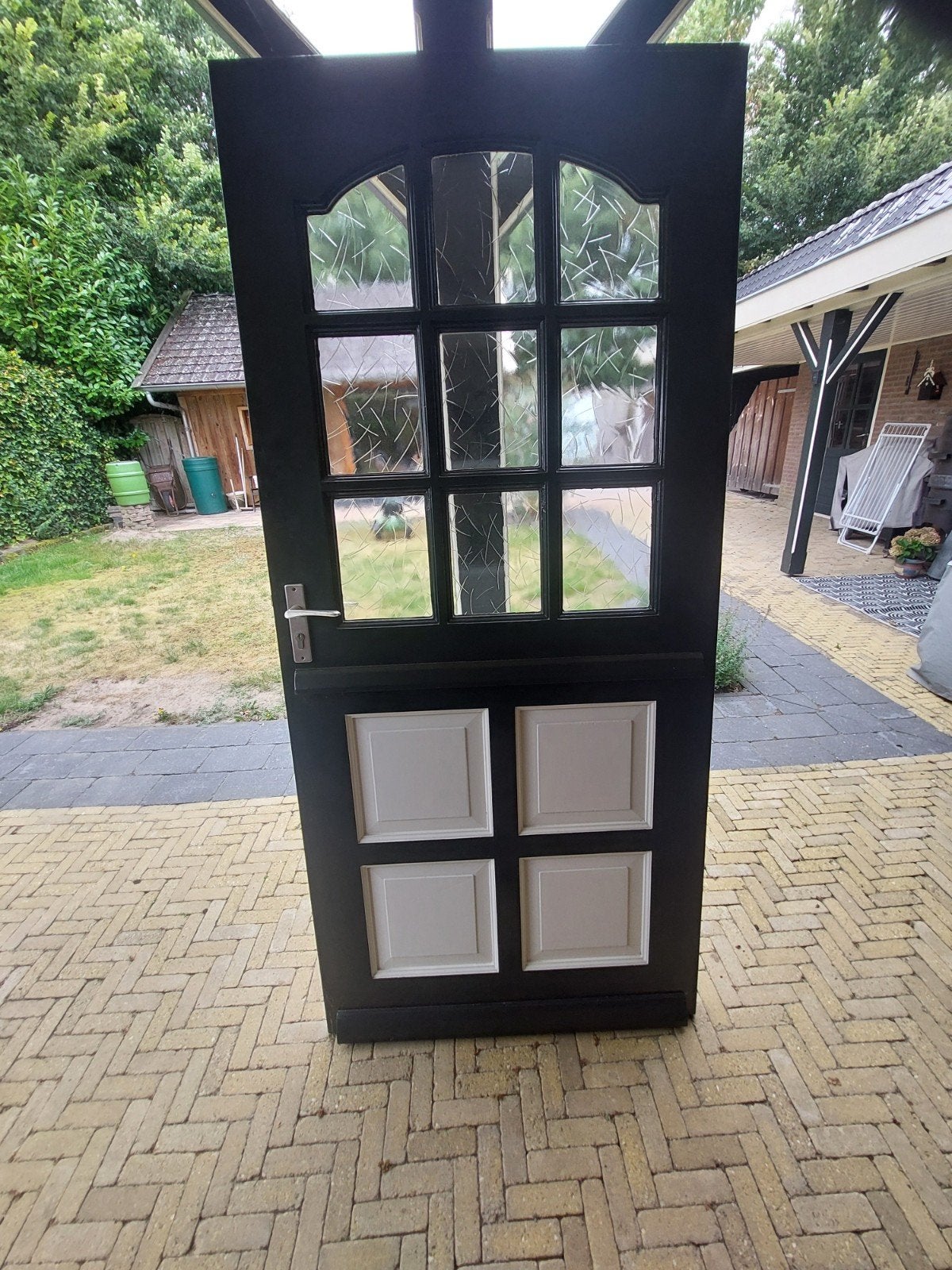 groene voor deur met glas en panelen, Gebruikt, 80 tot 100 cm, Ophalen of Verzenden, Buitendeur