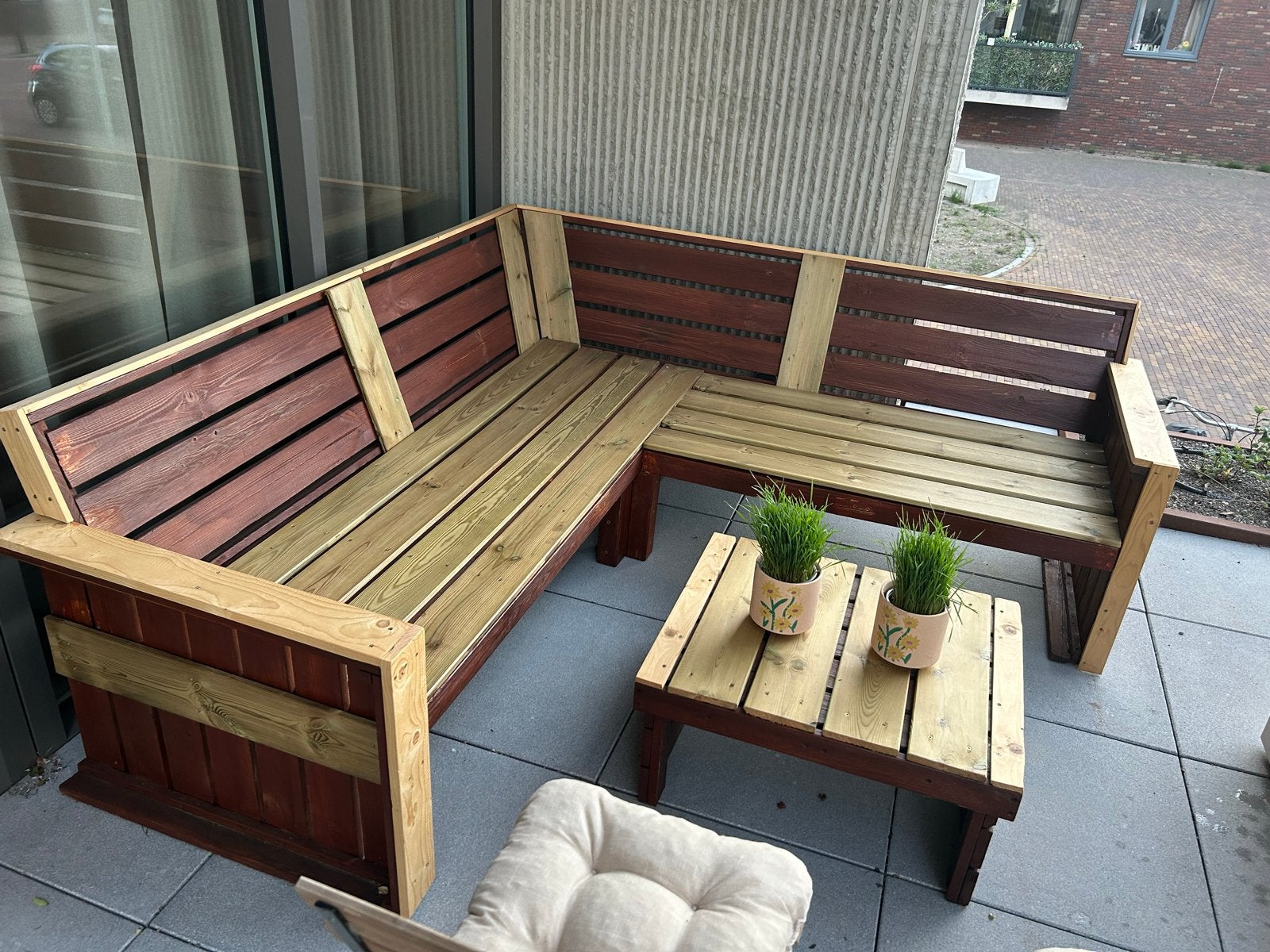 Loungeset met Bijzettafel, Tuin en Terras, Ophalen, 4 zitplaatsen, Steigerhout, Zo goed als nieuw