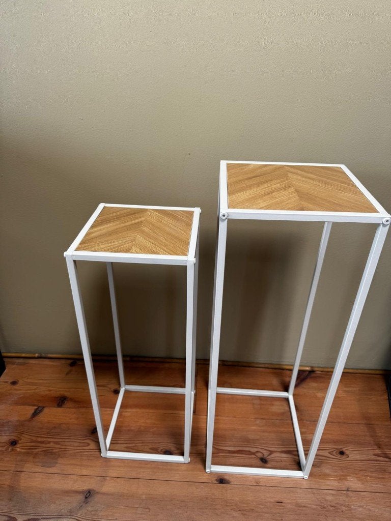 Set van 2 bijzettafels plantentafels wit visgraat hout look, Huis en Inrichting, Minder dan 55 cm, Metaal of Aluminium, Vierkant