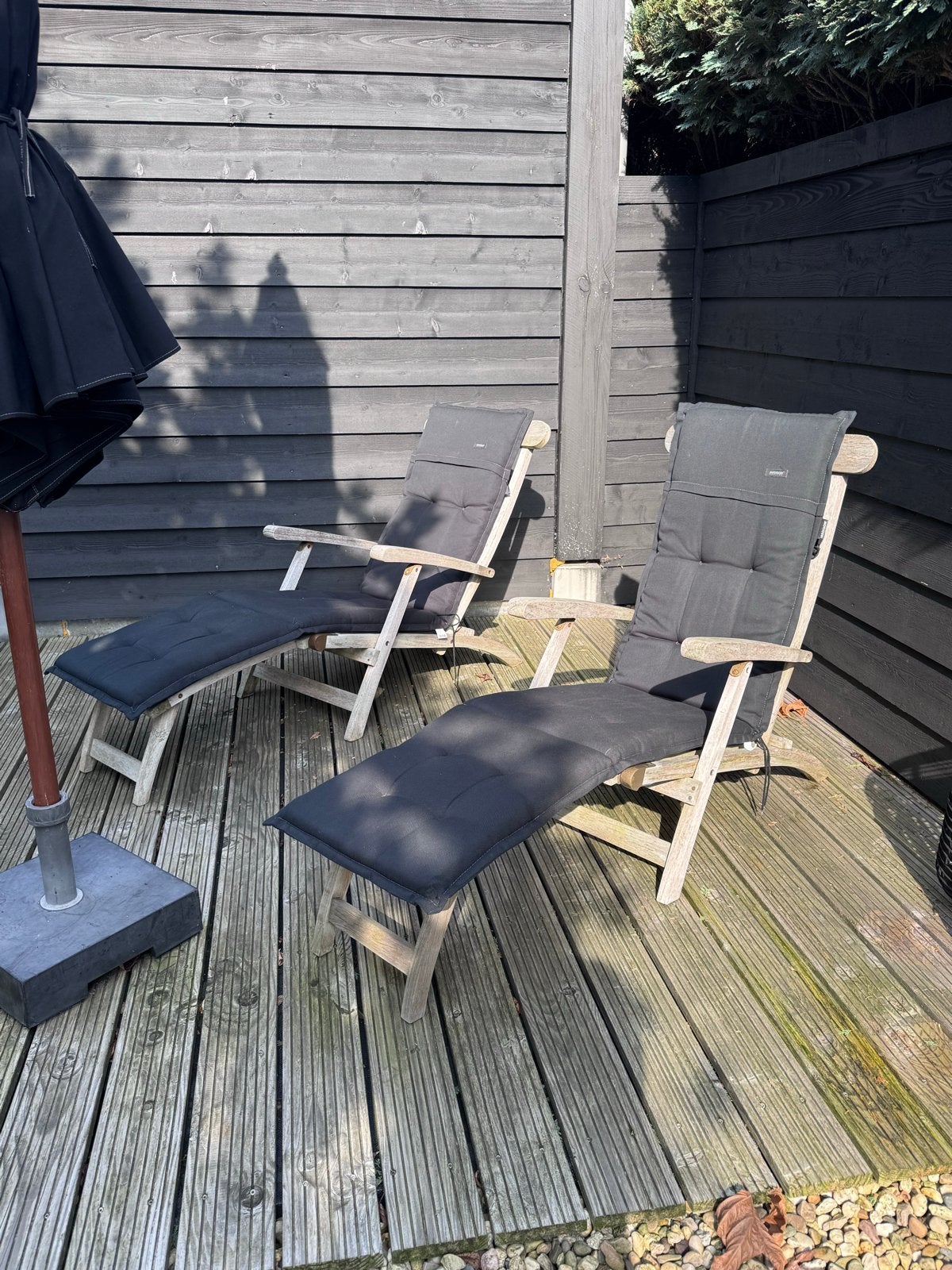 2x Teakhouten verstelbare ligstoelen met kussens, Ophalen, Gebruikt, Teakhout, Verstelbaar