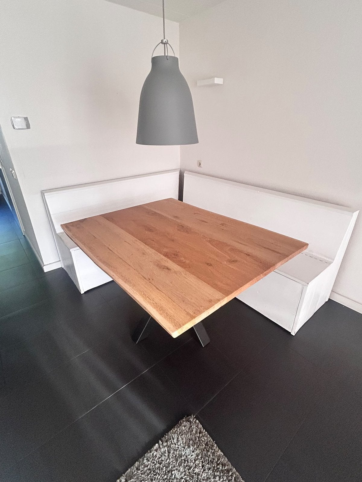 Houten hoekbank op maat met opbergruimte + eikenhouten tafel, Ophalen, Gebruikt, 125 cm of meer, Rechthoekig
