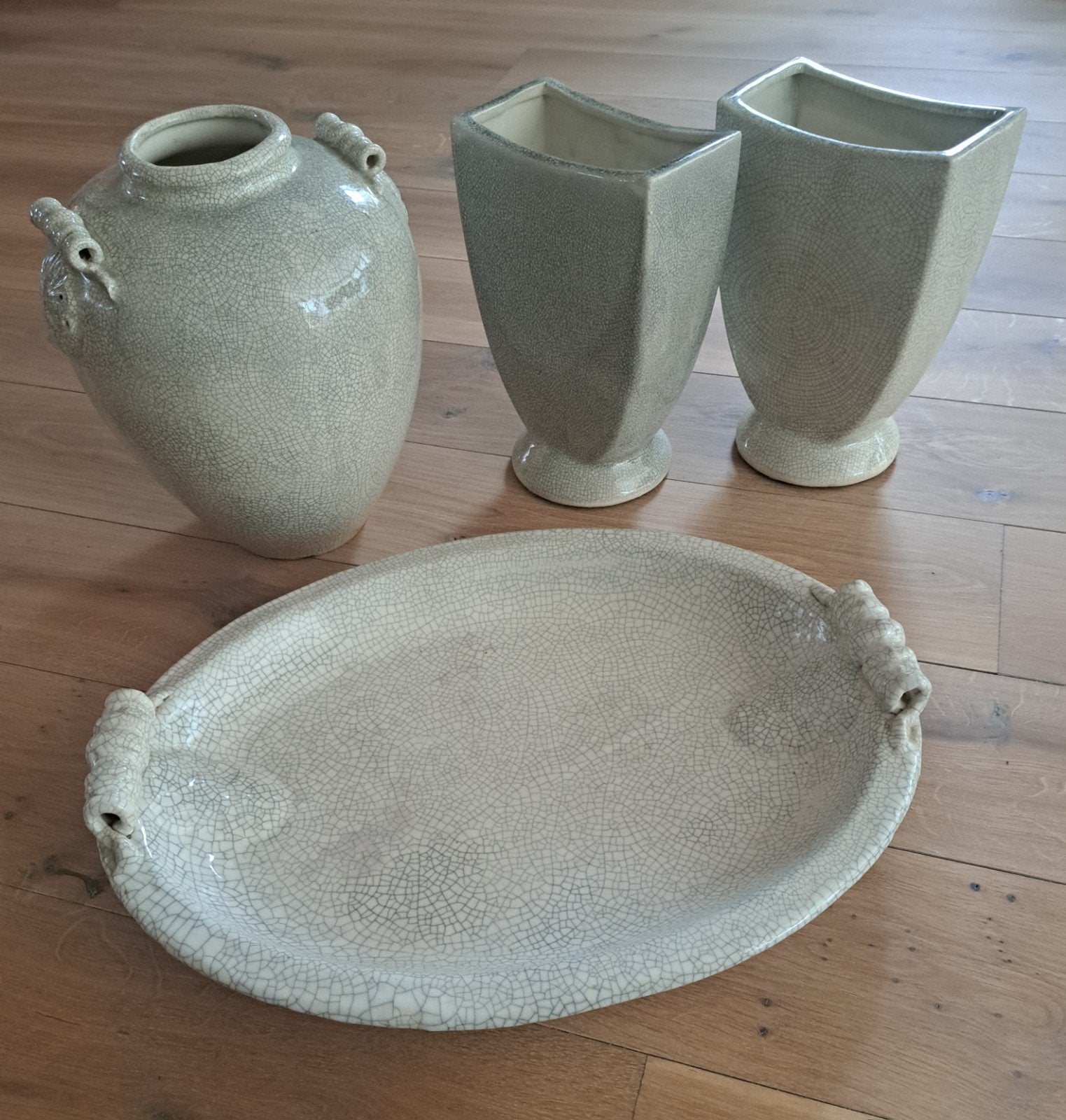 Decoratieve set: vaas, pot en schaal met craquelé, Ophalen