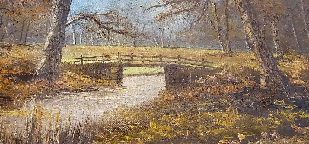 Prachtig schilderij “Brug in het Bos” aangeboden, Ophalen, Doek, Impressionistisch, Landschap