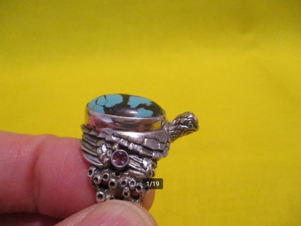 Balinese Penyu ring, zilver met turquoise en amethisten, 20 of groter, Verzenden, Nieuw, Dame of Heer