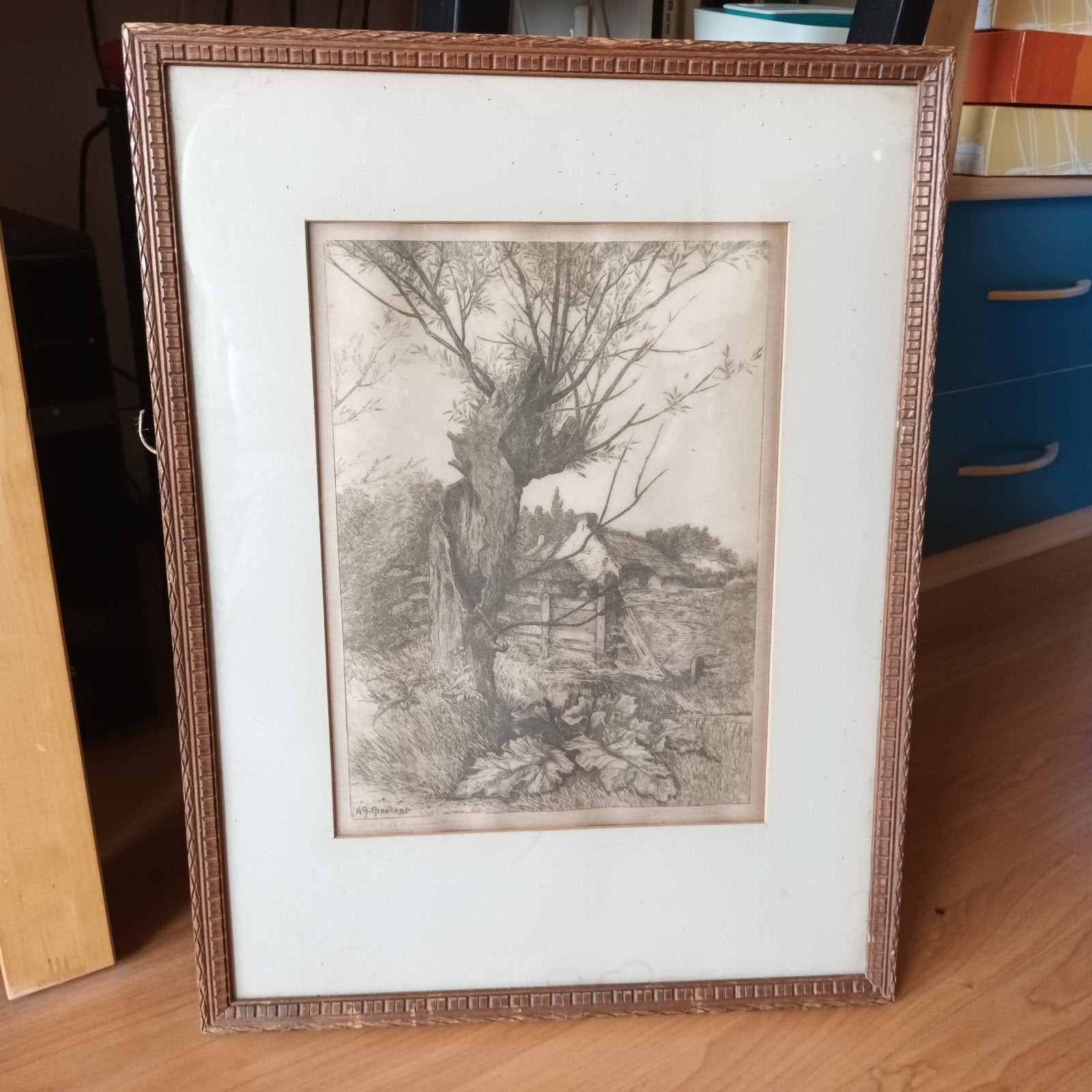 Knotwilg in landschap, ets, gesigneerd in potlood r.o., Ophalen of Verzenden