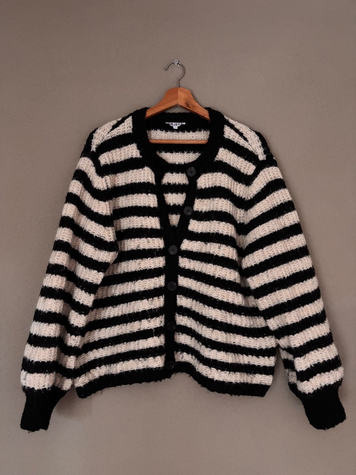 OBJECT gestreepte gebreide cardigan - Zwart/Beige, Kleding | Dames, Ophalen of Verzenden, Gedragen, Maat 38/40 (M), Zwart