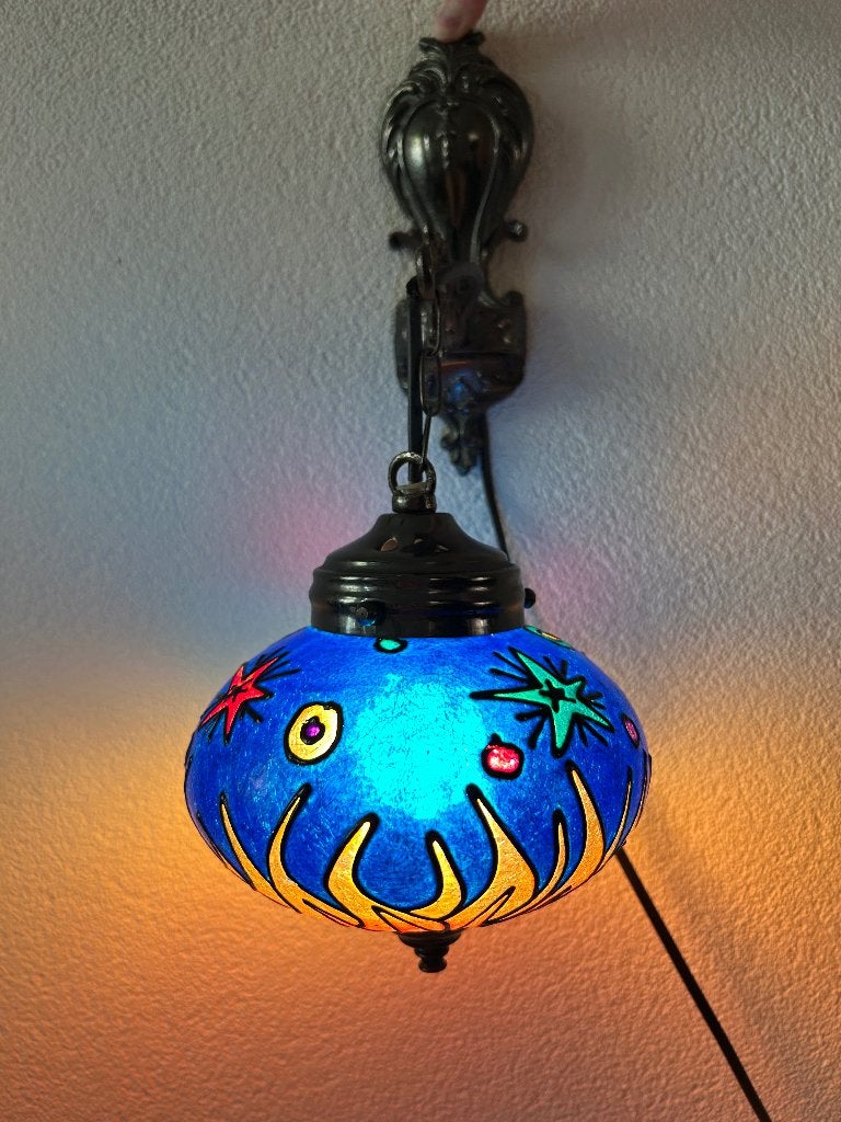 Prachtige Oosterse Wandlamp Simais - Gekleurd Glas, Met snoer/stekker, Blauw, Overige fittingen, Ophalen of Verzenden