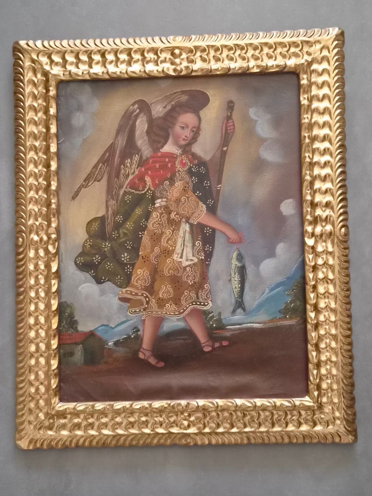 Cuzco schilderij van Aartsengel Rafaël met vis, Doek, Ophalen of Verzenden, Handgeschilderd, Klassiek