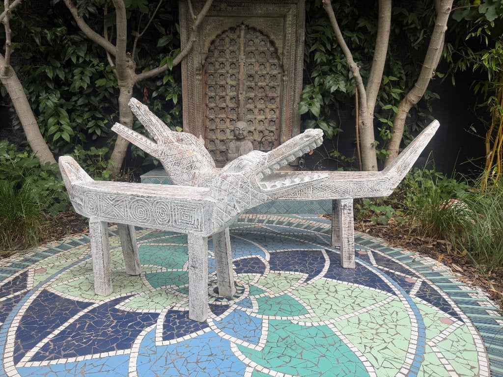 Krokodil bank kruk massief Boho Ibiza houtsnijwerk Bali wit, Huis en Inrichting, Verburgt Vintage, Nieuw, Ophalen of Verzenden