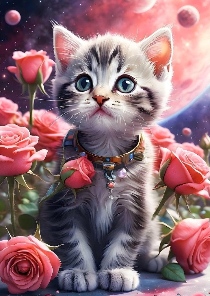 30x20cm Diamond Painting kitten met rozen (rond) nr 395, Verzenden, Nieuw, Meerkleurig, Overige materialen