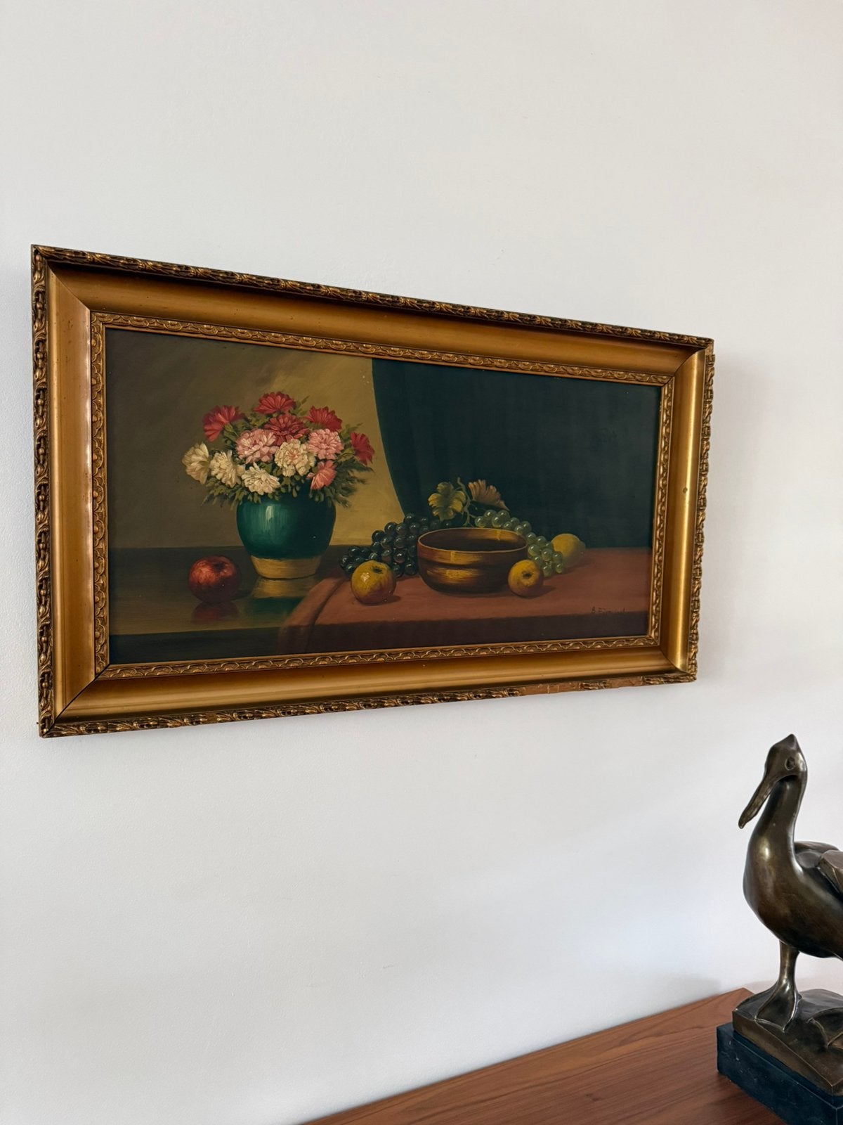 Schilderij, stilleven, bloemen, druiven, brocante, jr 50/60, Antiek en Kunst, Kunst | Schilderijen | Klassiek, Ophalen of Verzenden
