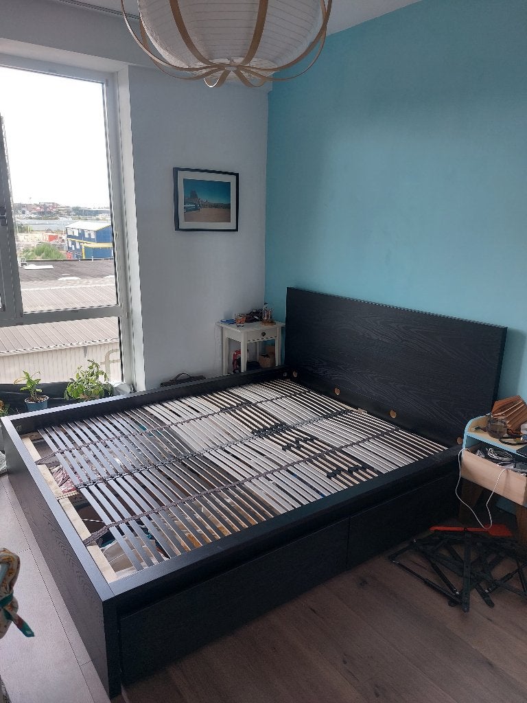 Bed MALM Ikea 160x200 met opbergvakken, Ophalen, Zwart, Tweepersoons, Zo goed als nieuw