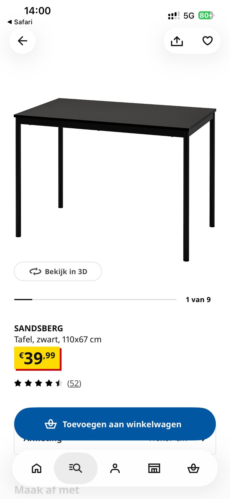 IKEA SANDSBERG Tafel, zwart, 110x67 cm, Ophalen, 100 tot 150 cm, Tot twee personen, 50 tot 100 cm