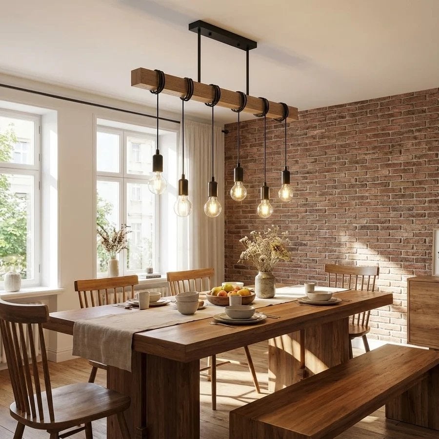 Moderne hanglamp met houten balk en 6 Edison lampen, Ophalen, Zo goed als nieuw