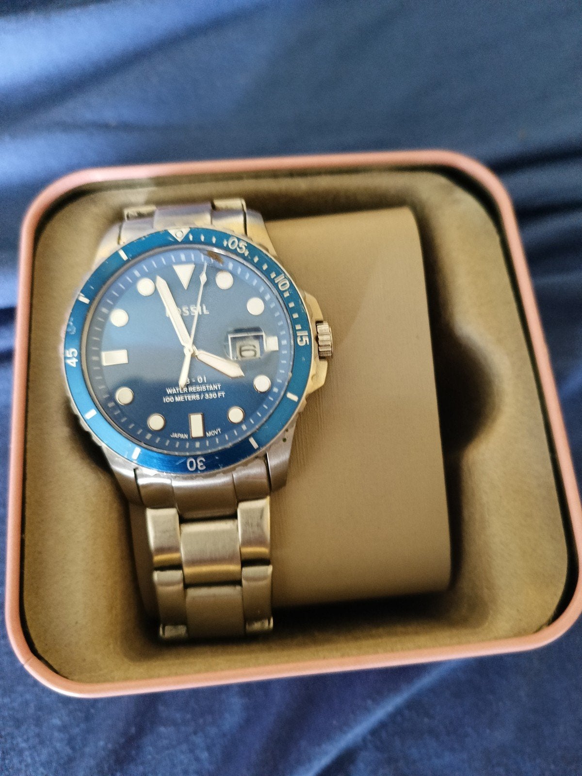 Fossil Herenhorloge - Blauwe Wijzerplaat, Stalen Band, Overige merken, Staal, Gebruikt, Polshorloge