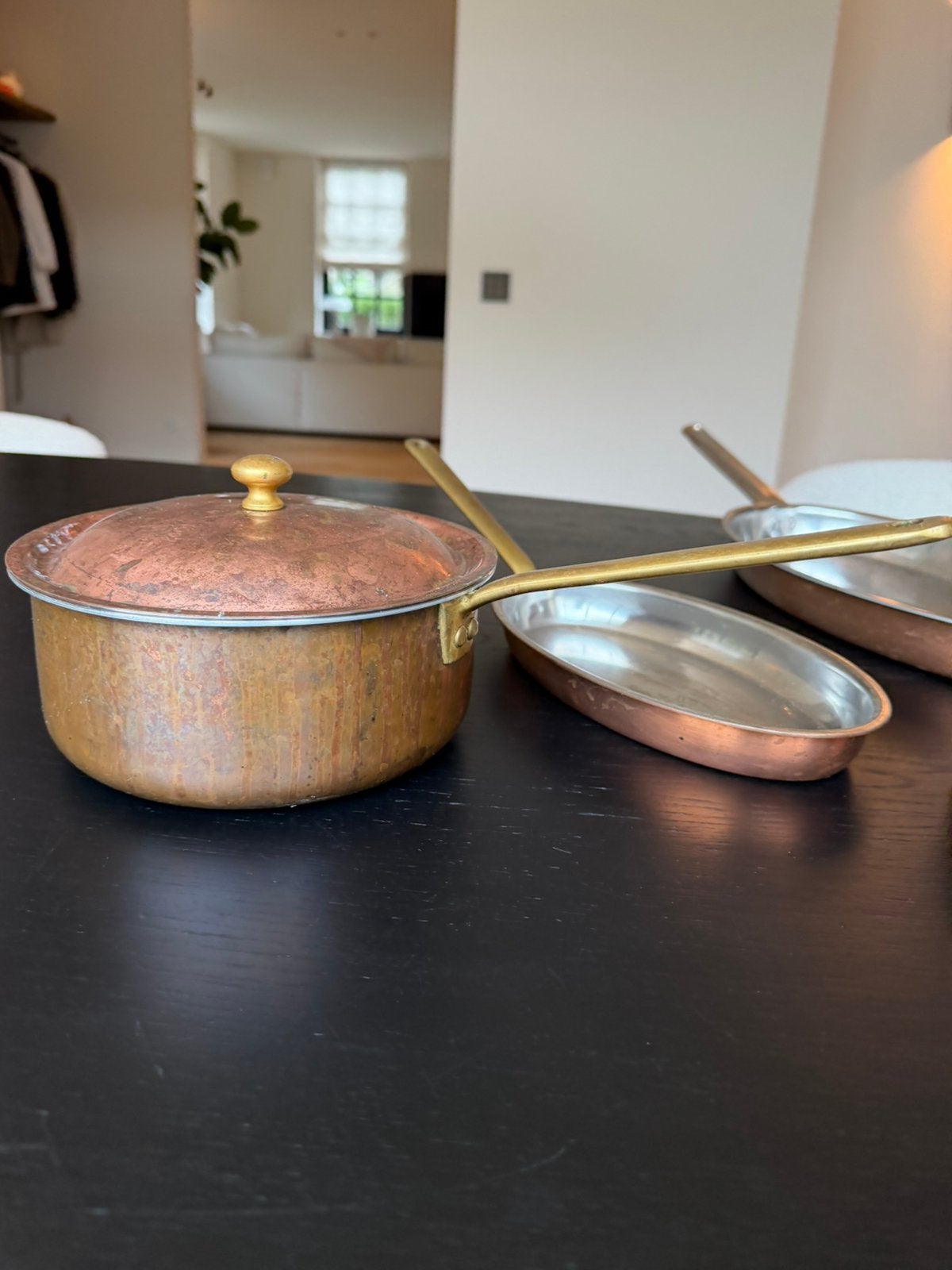 Originele vintage koperen pannencollectie – 4 pannen, Huis en Inrichting, Ophalen of Verzenden, Gebruikt, Overige materialen, Pannenset