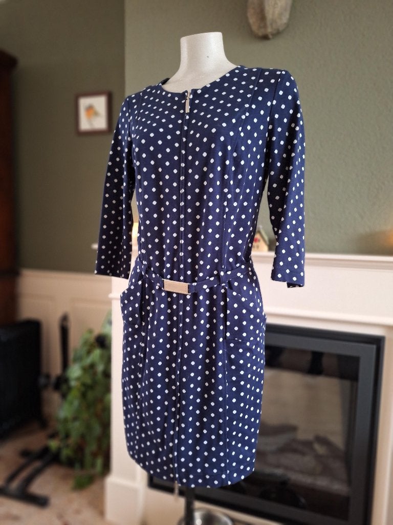 Caroline Biss blauw wit polkadot jurk riem 40, Maat 38/40 (M), Zo goed als nieuw, Knielengte, Caroline Biss