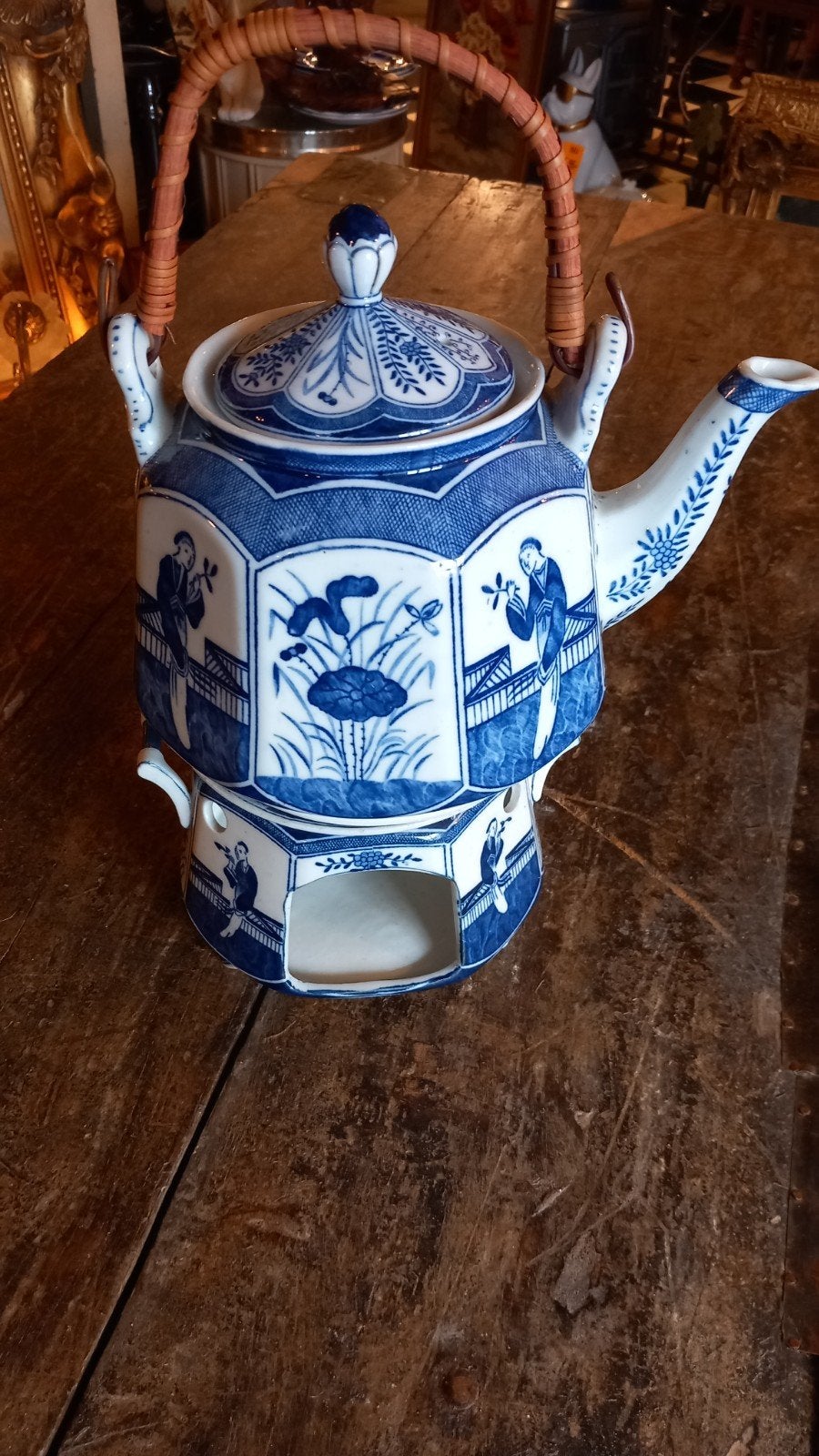 Antieke Chinese theepot met rechaud, blauw-wit porselein, Antiek en Kunst, Ophalen of Verzenden