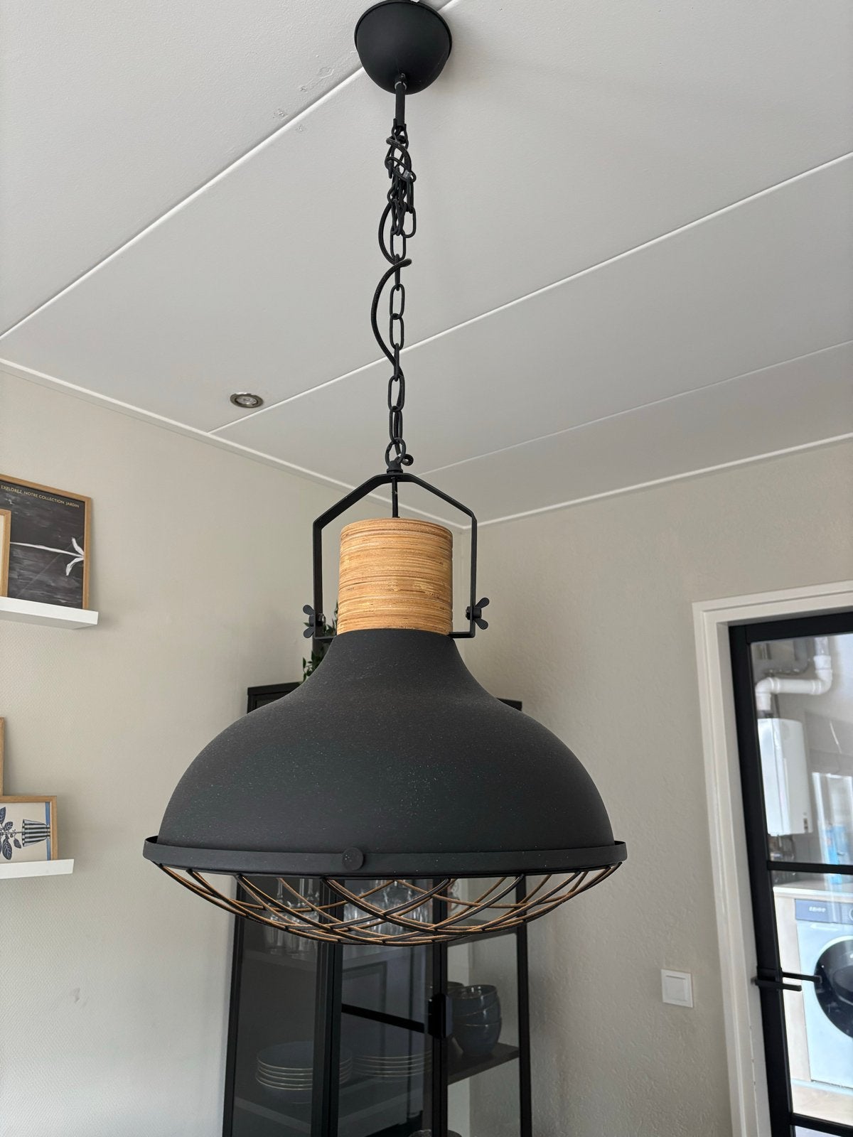 Industriële hanglamp met houten accenten, Ophalen, Zo goed als nieuw, Hout, E27 (groot)
