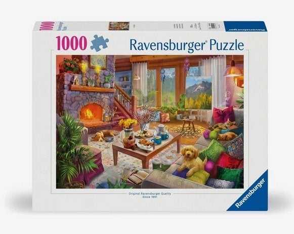 ZGAN puzzel 1000 Cozy Cabin houten winterhuis 100% compleet!, Ophalen of Verzenden, 500 t/m 1500 stukjes, Zo goed als nieuw, Legpuzzel