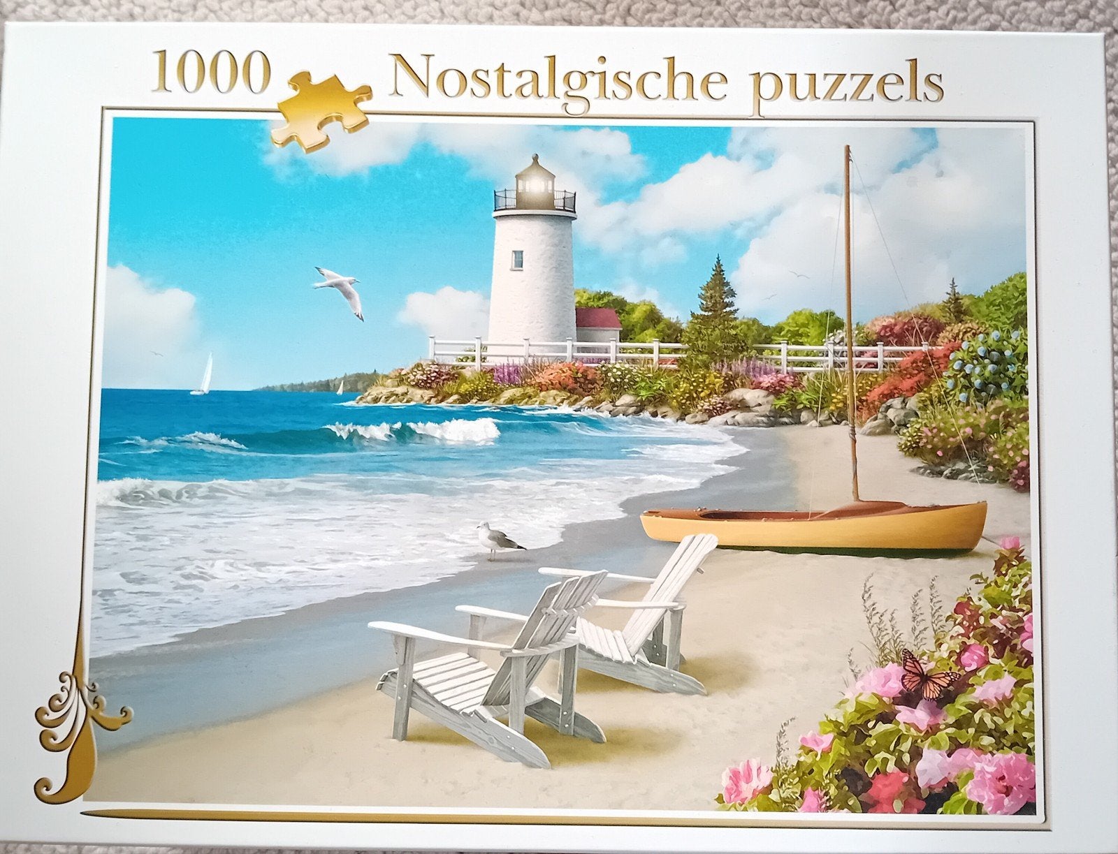 Nostalgische legpuzzel 1000 stukjes - Vuurtoren aan zee, Ophalen of Verzenden, 500 t/m 1500 stukjes, Gebruikt, Legpuzzel
