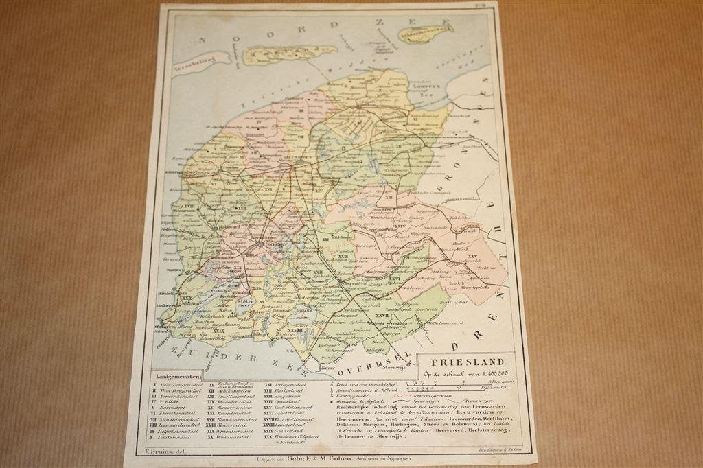 Antieke provinciekaart - Friesland - Bruins 1895 !!, Boeken, Atlassen en Landkaarten, Gelezen, Ophalen of Verzenden, Landkaart