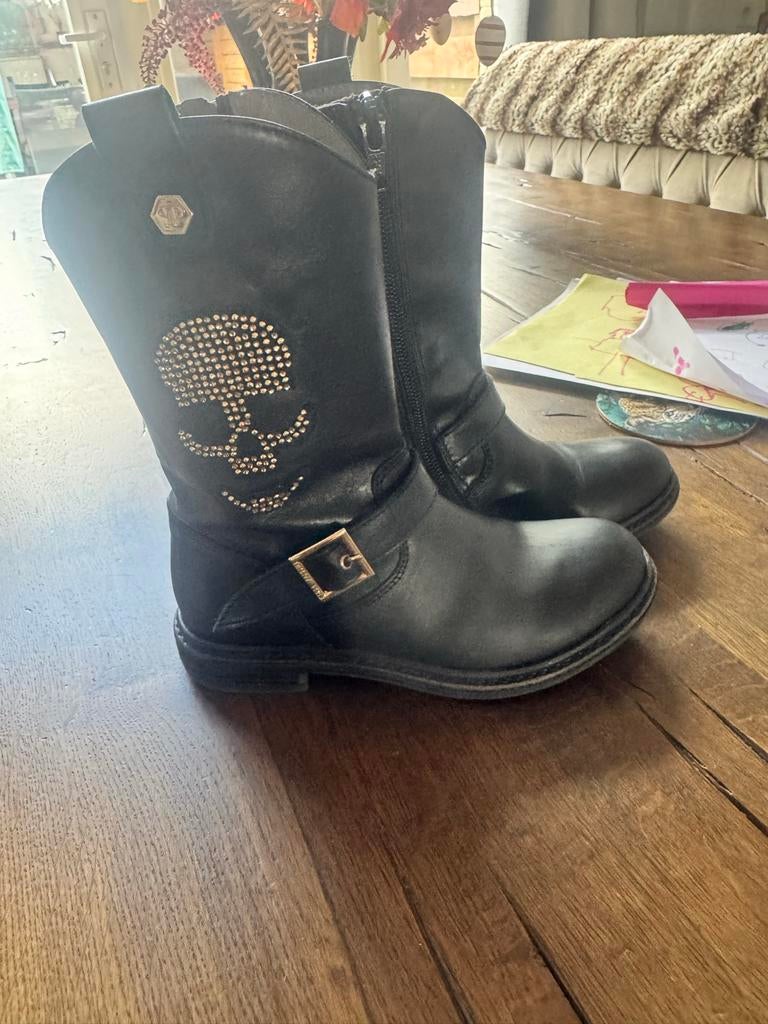 Philipp plein Zwarte kinderlaarzen met doodshoofd maat 28, Ophalen of Verzenden, Gebruikt, Meisje, Laarzen