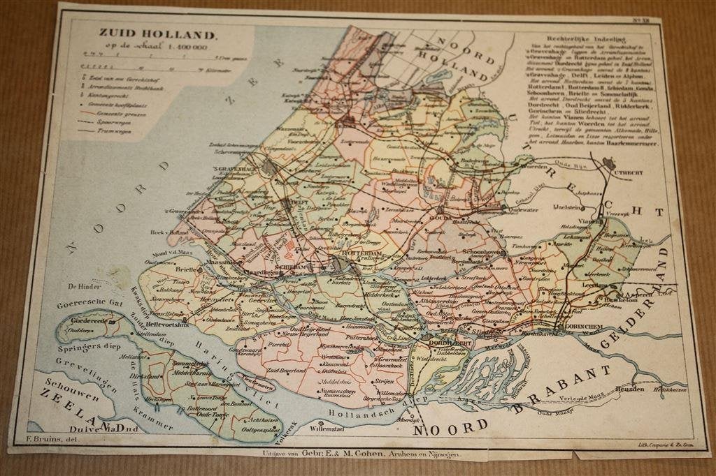 Antieke provinciekaart - Zuid-Holland - Bruins 1895 !!, Boeken, Atlassen en Landkaarten, Gelezen, Ophalen of Verzenden, Landkaart