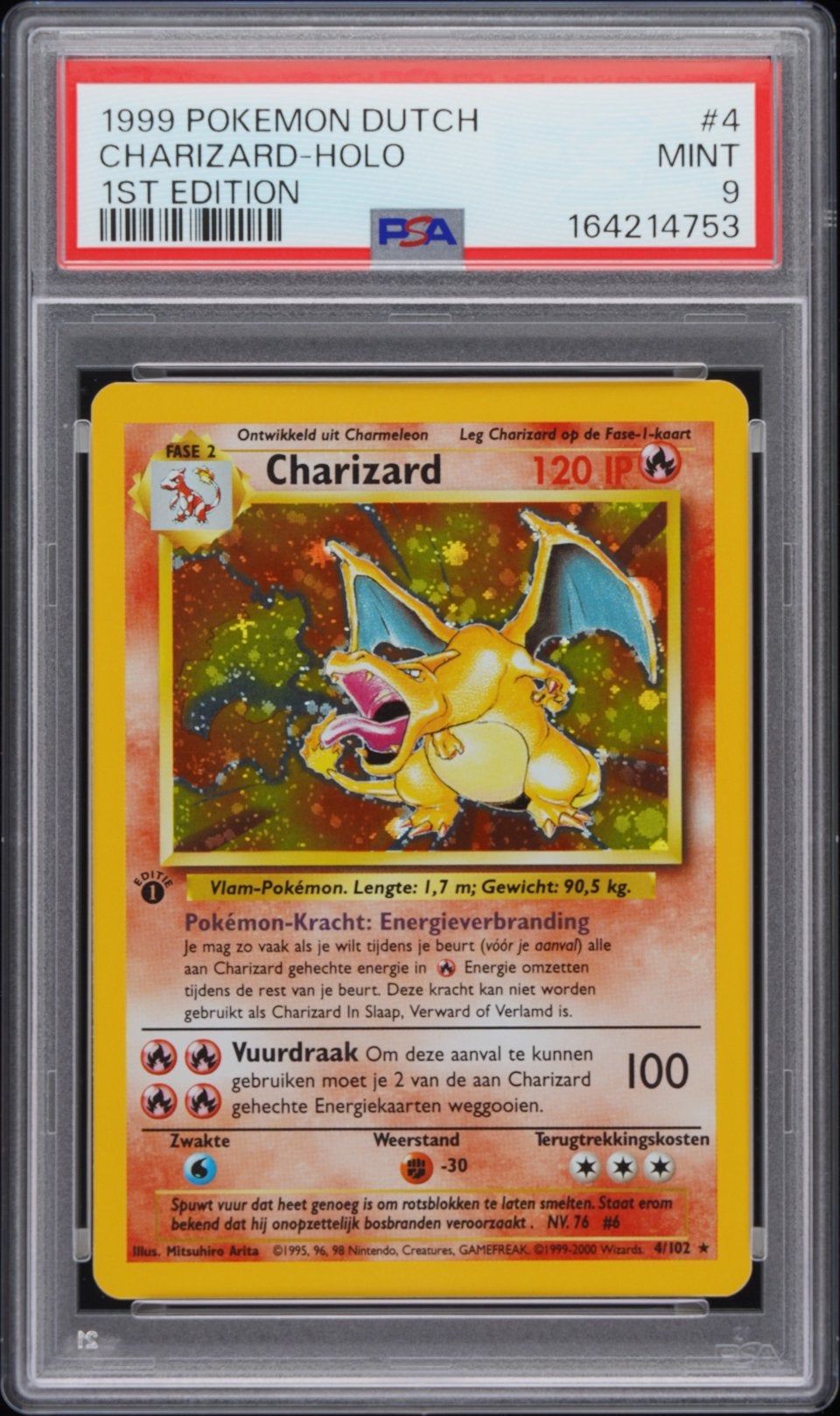 PSA 9 Charizard 1st edition Nederlands, Hobby en Vrije tijd, Verzamelkaartspellen | Pokémon, Ophalen of Verzenden, Zo goed als nieuw