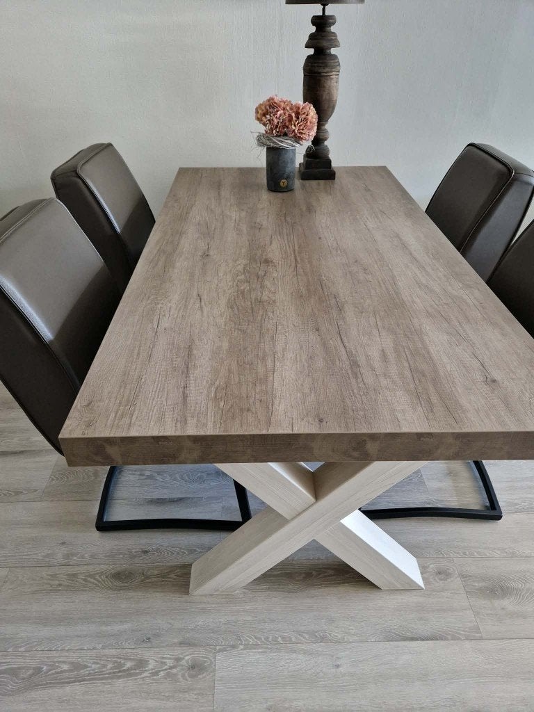 eettafel met 4 leren stoelen + bijpassende salontafel, Gebruikt, 150 tot 200 cm, Vier personen, Rechthoekig