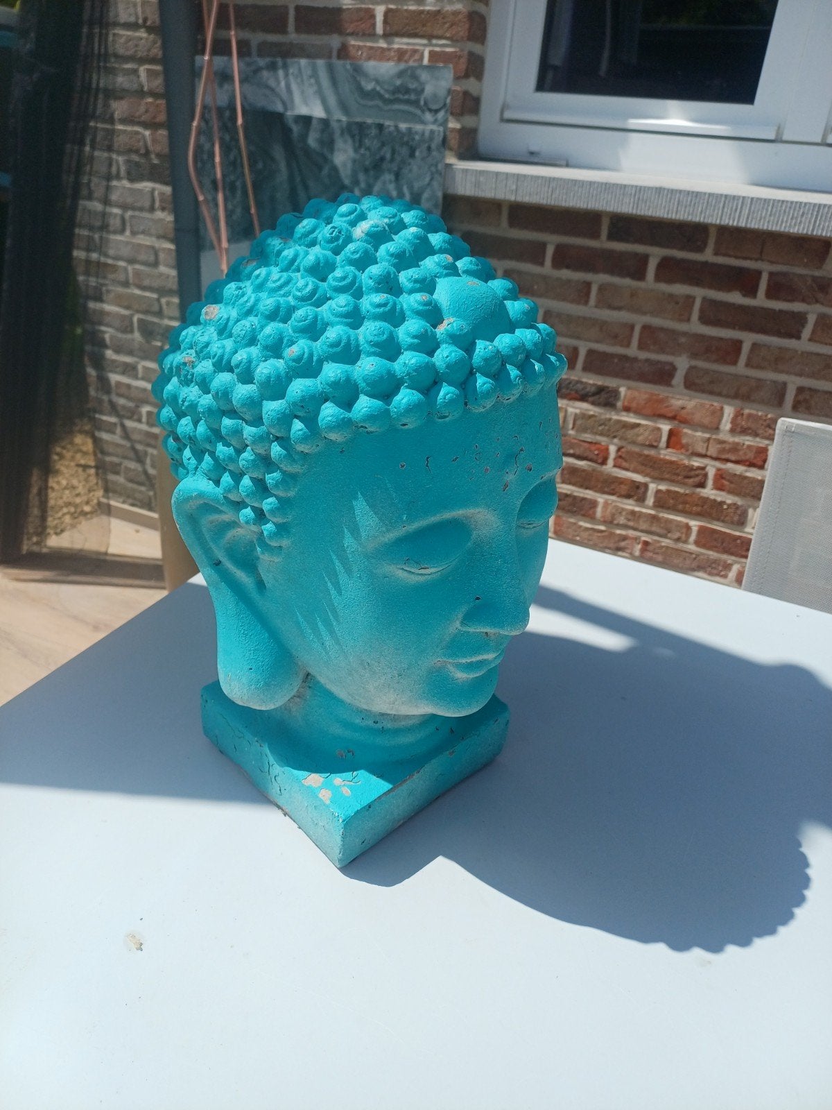 Turquoise Boeddha Hoofd - Decoratief Beeld, Ophalen of Verzenden, Gebruikt, Steen/keramiek, Overige kleuren