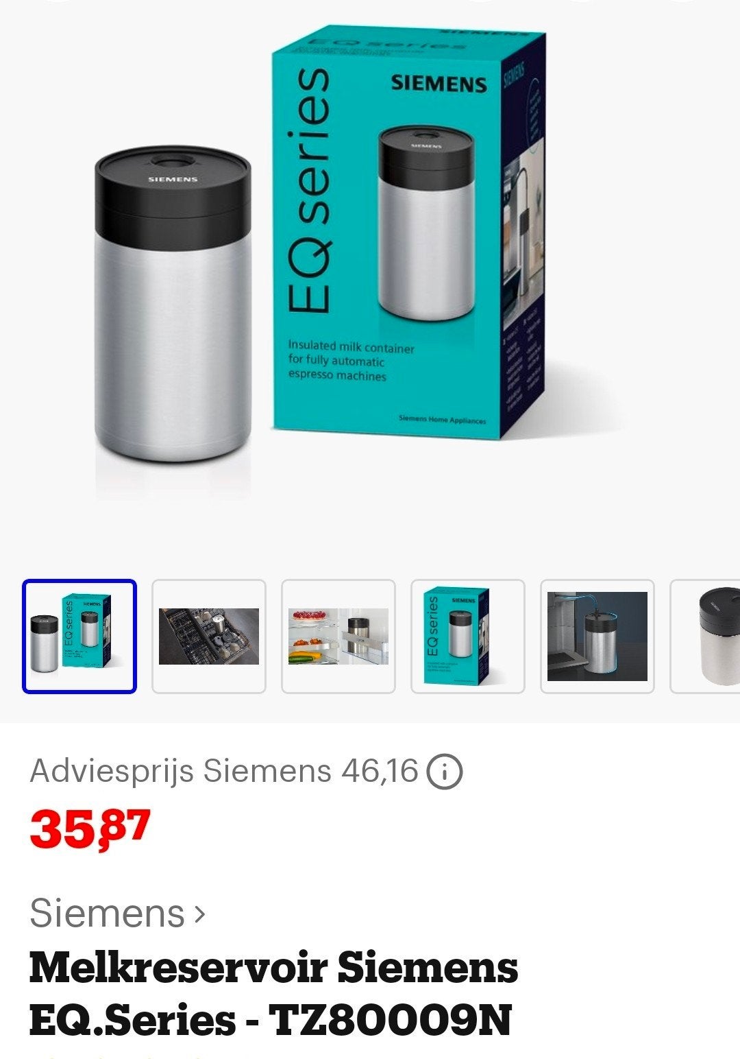 Siemens Melkreservoir EQ.Serie, Overige modellen, Overige typen, Ophalen of Verzenden, Zo goed als nieuw