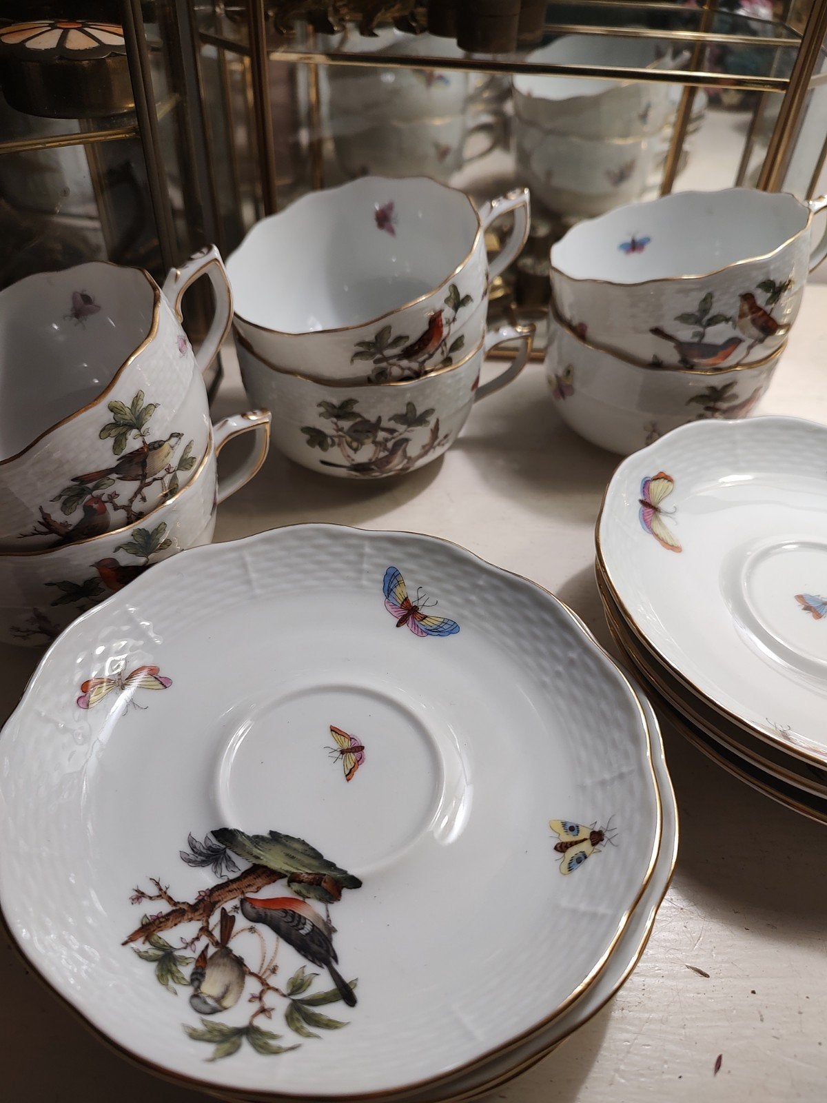 Prachtige set 6x Herend Rothschild Bird theekop en schotel, Ophalen