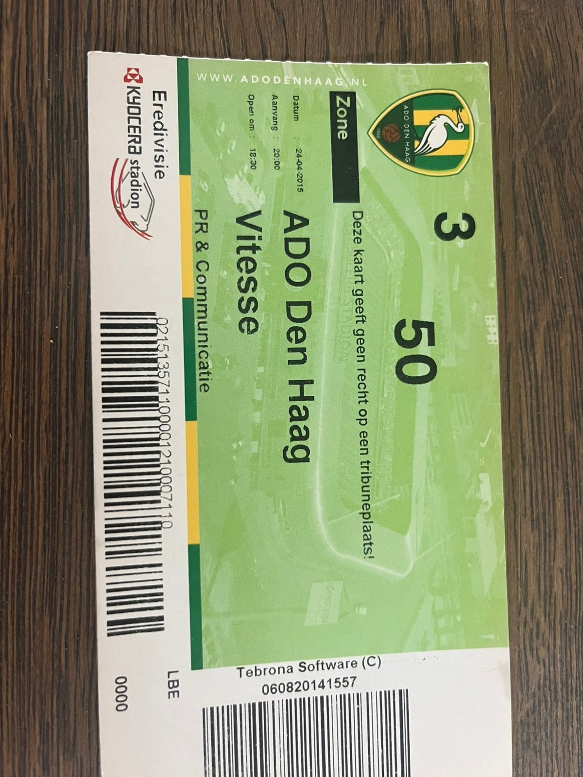 TICKET ADO DEN HAAG-VITESSE 14-15, Ophalen of Verzenden, Zo goed als nieuw, Overige binnenlandse clubs, Overige typen