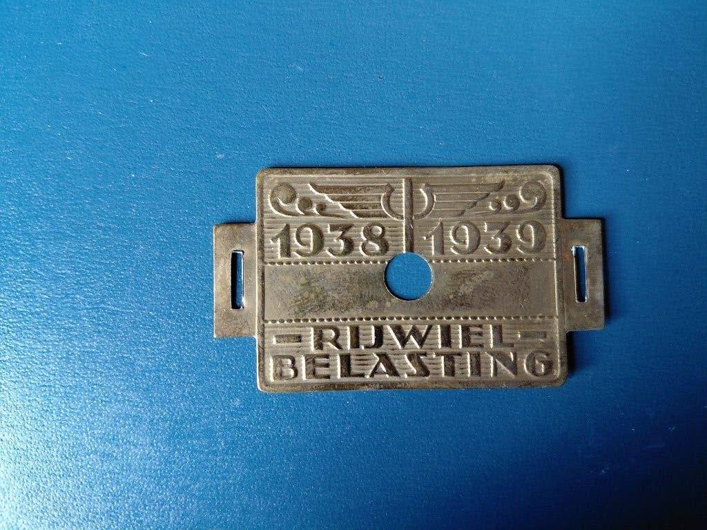 fiets rijwiel belasting plaatje 1938 - 1939 Vintage, Ophalen of Verzenden, Overige materialen, Nederland