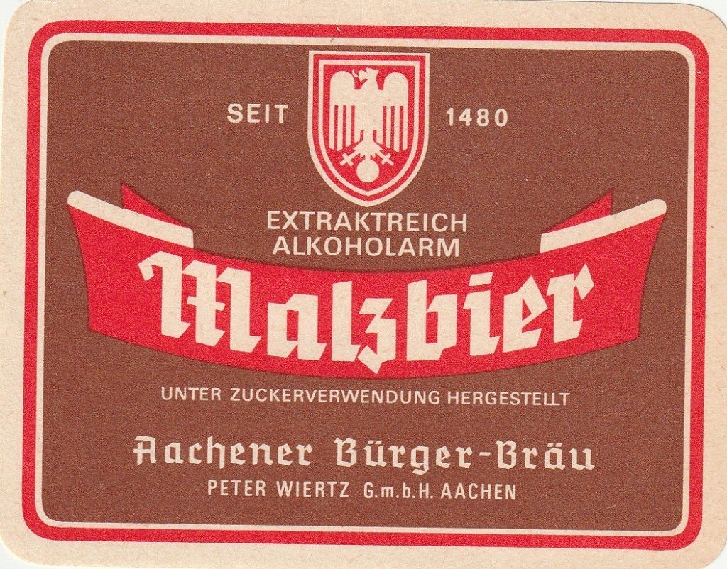 oud bieretiket Duitsland Aachener Bürger-Bräu: Malzbier, Verzenden, Zo goed als nieuw, Overige typen, Overige merken