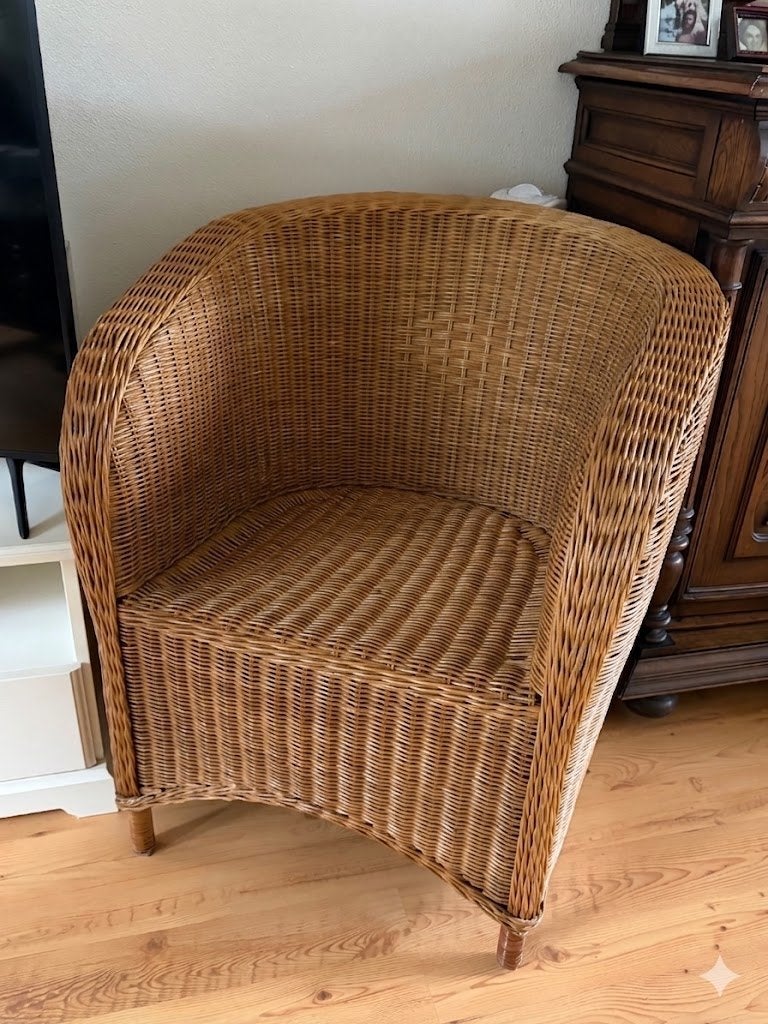 Rotan fauteuil, rieten stoel, kuipstoel, Huis en Inrichting, Stoelen, Ophalen, Gebruikt, Bruin, Riet of Rotan