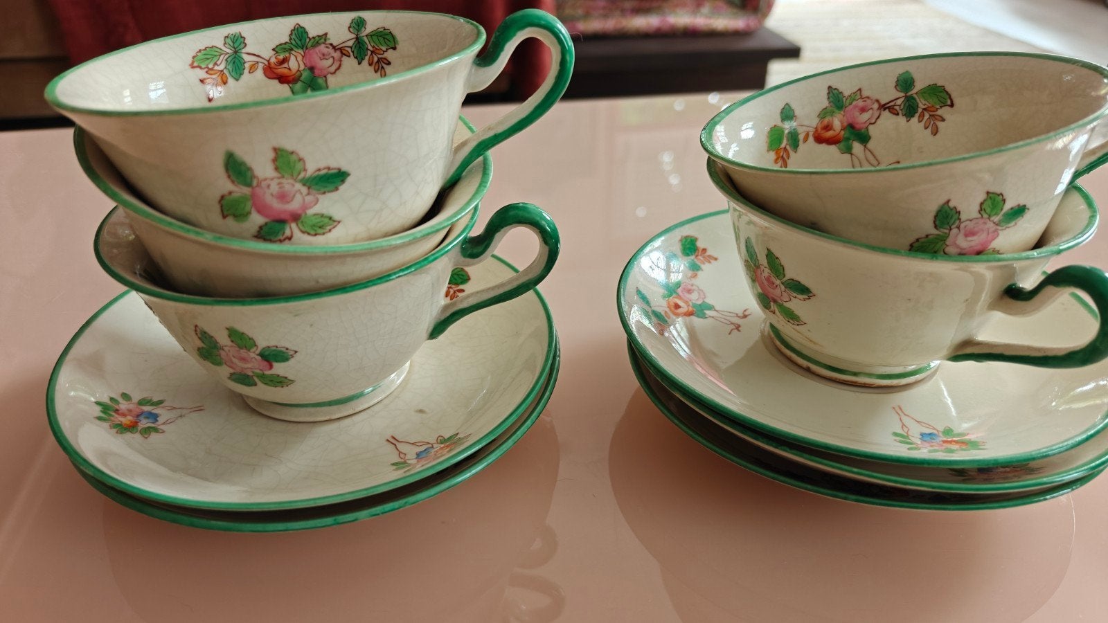 Vintage York Hand Painted theekopjes en schotels (5 sets), Ophalen