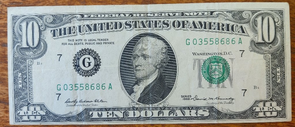 Bankbiljet USA 10 Dollar 1969, Postzegels en Munten, Verzenden, Noord-Amerika, Los biljet