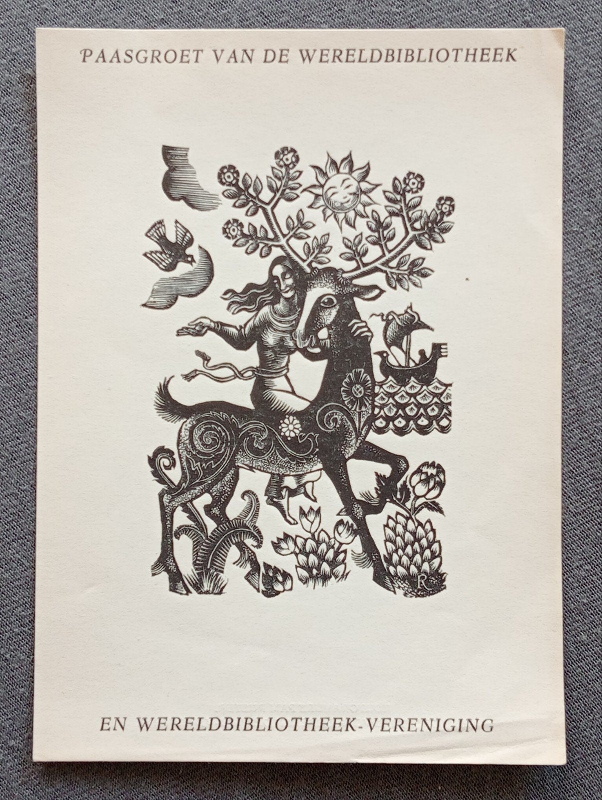 Houtgravure Pam Rueter - Paasgroet 1948, Ophalen of Verzenden, Houtsnede, Origineel, 1900 - 1949
