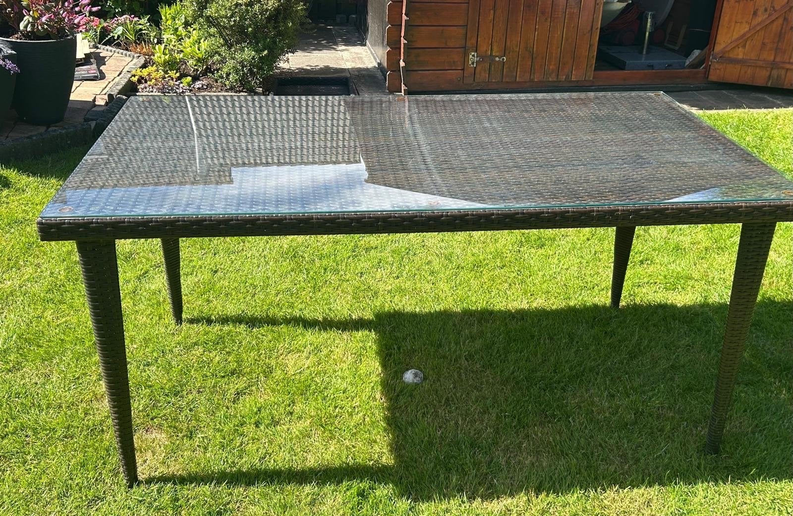 Zevendelige weerbestendige tuinset met glazen blad, Ophalen, Kunststof, Eettafel, 6 zitplaatsen