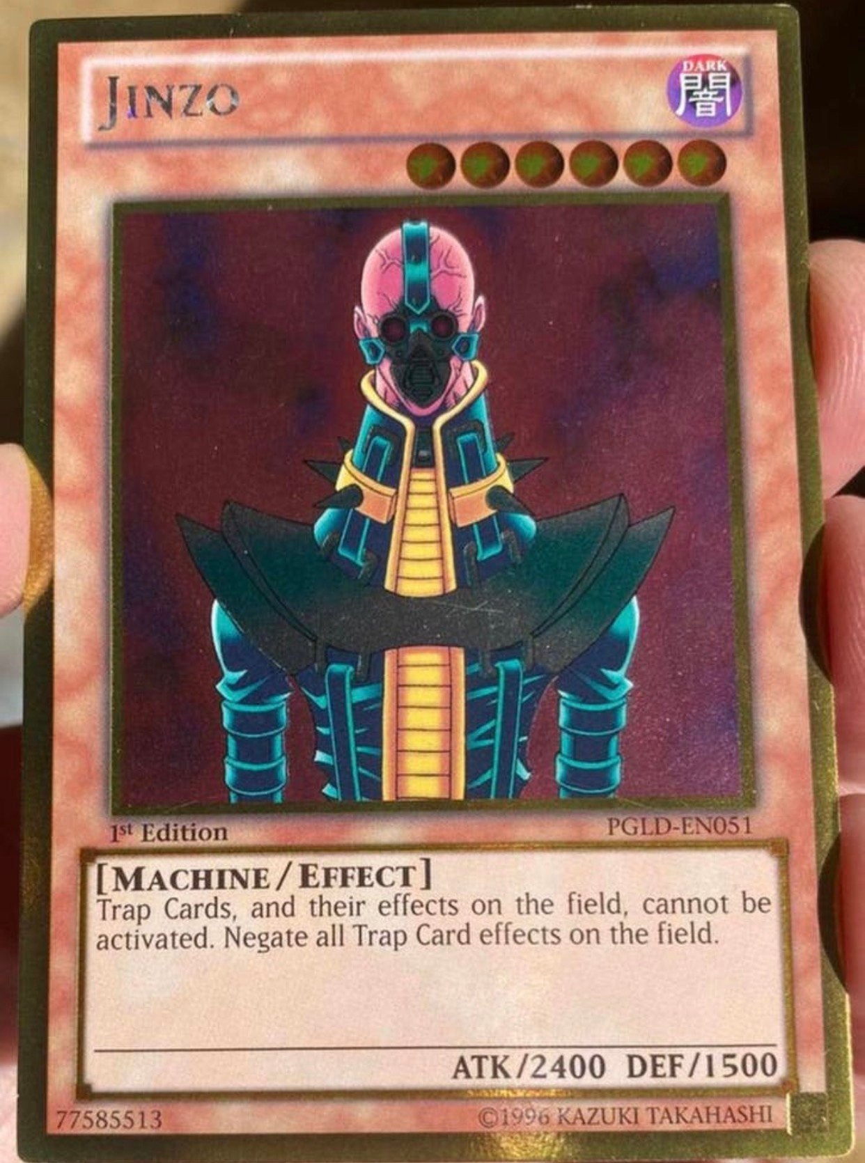 Yu-Gi-Oh! Jinzo PGLD 1st Edition !, Ophalen of Verzenden, Gebruikt, Losse kaart, Foil