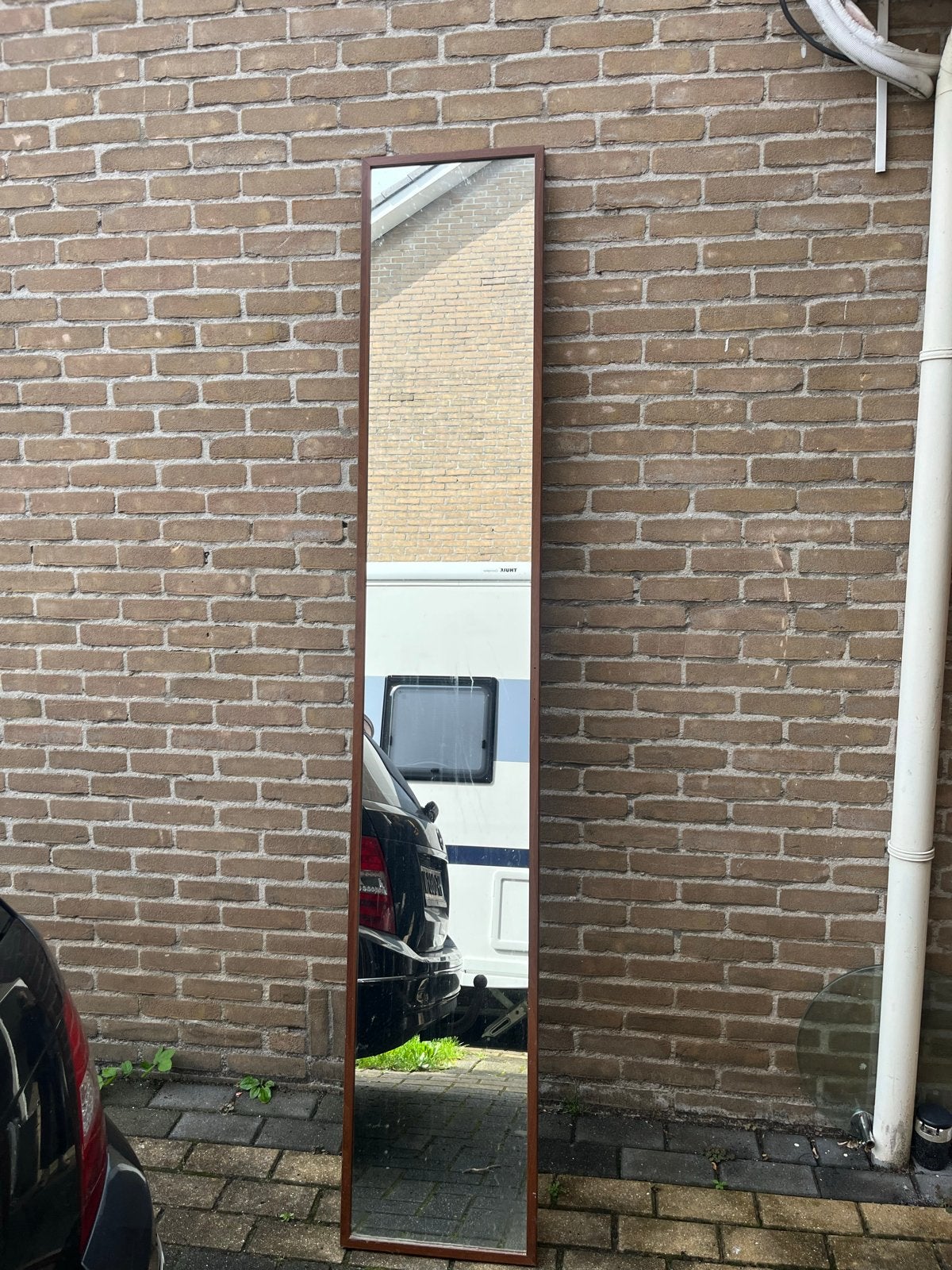 Lange spiegel met houten frame, Huis en Inrichting, Woonaccessoires | Spiegels, Minder dan 50 cm, Gebruikt, Ophalen of Verzenden