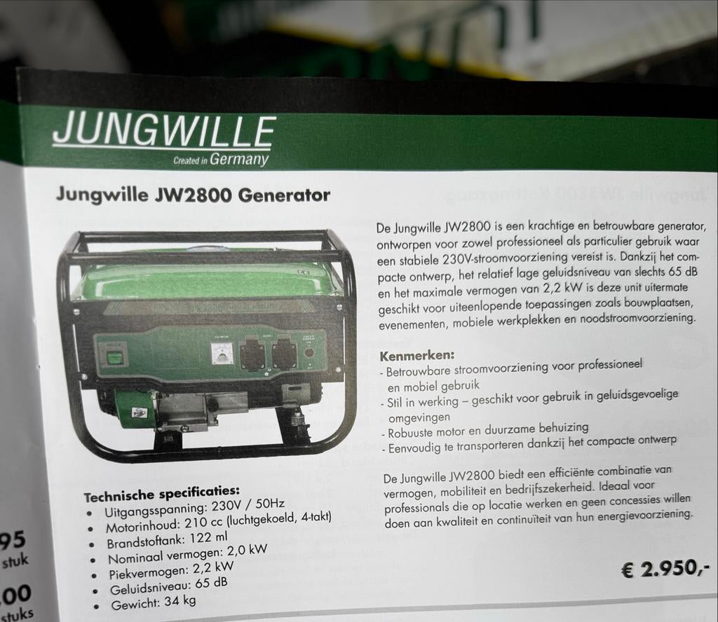 Jungwille JW2800 Benzine Generator, Benzine, Nieuw, Ophalen of Verzenden, Geluidgedempt