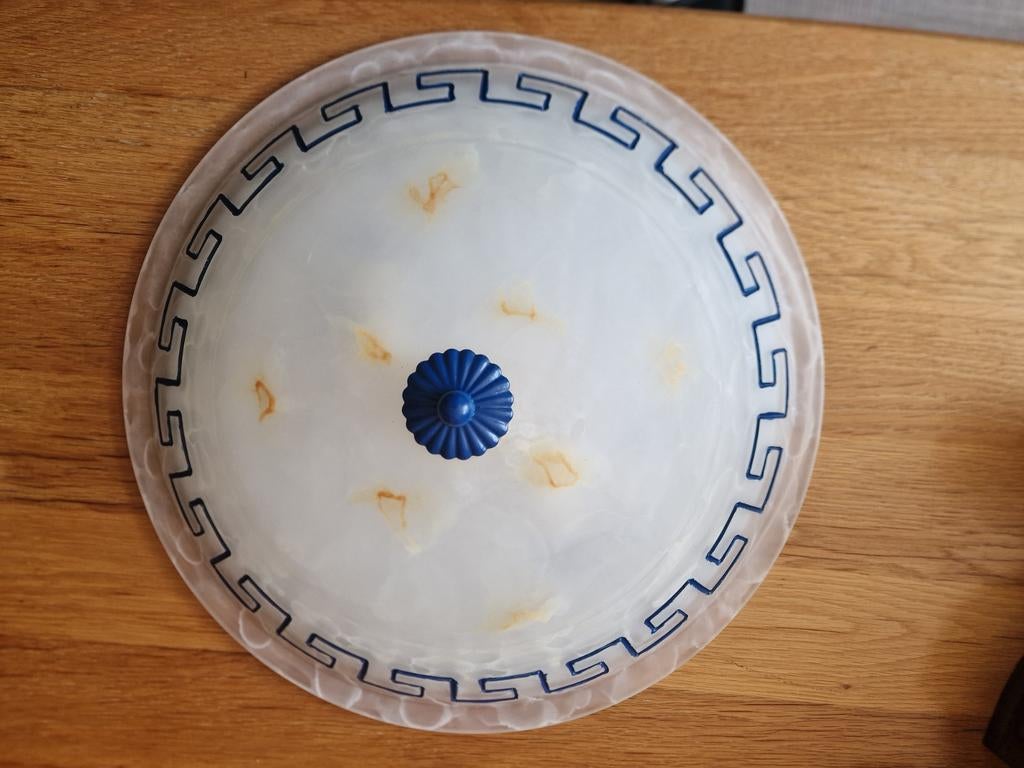 Griekse Plafonnière met 2 Lampen - Klassiek Design 40 cm, Ophalen of Verzenden, Gebruikt, Glas, Klassiek, Grieks
