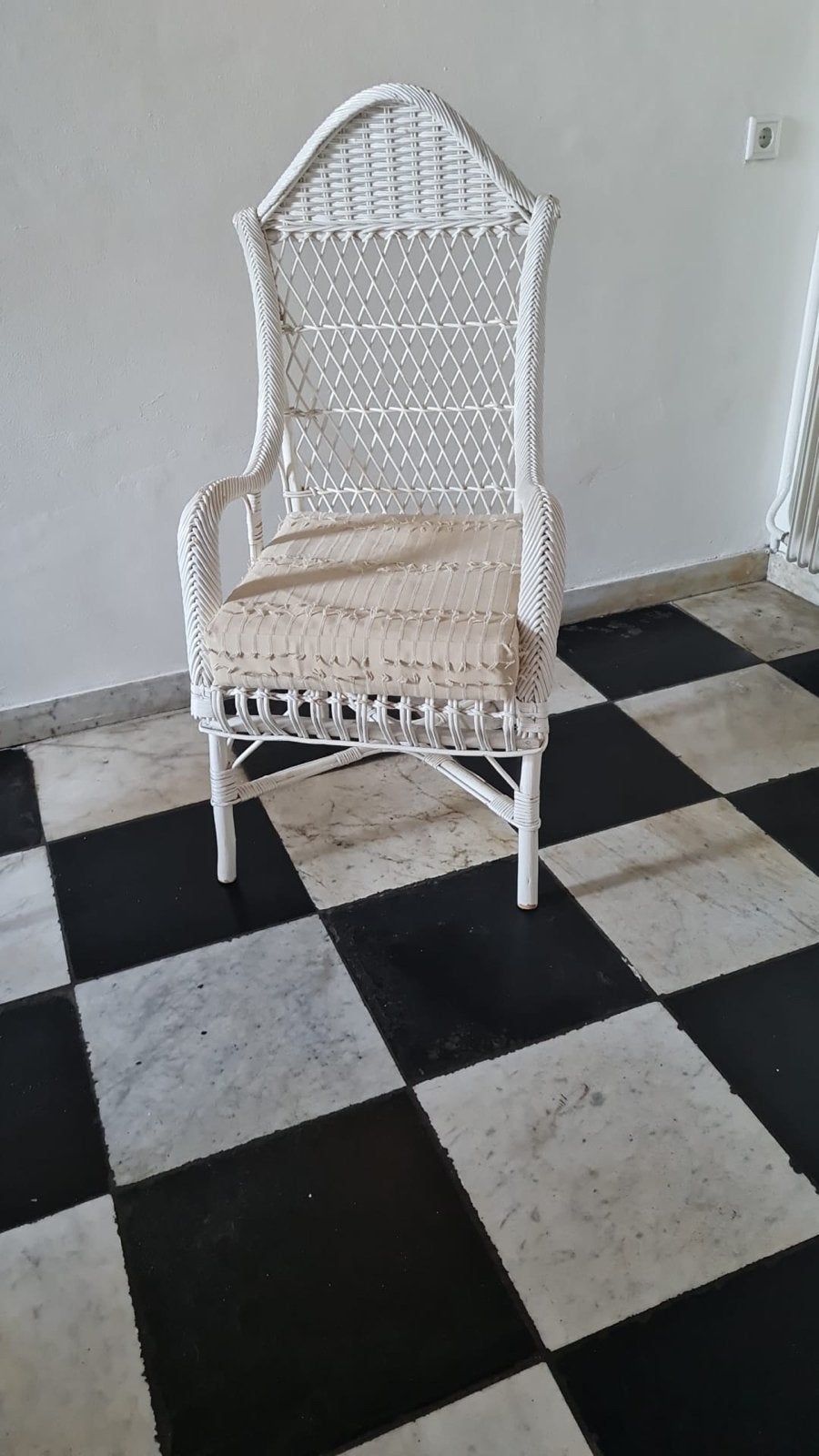 Witte retro rieten stoel met kussen, Ophalen, Gebruikt, Wit, Riet of Rotan