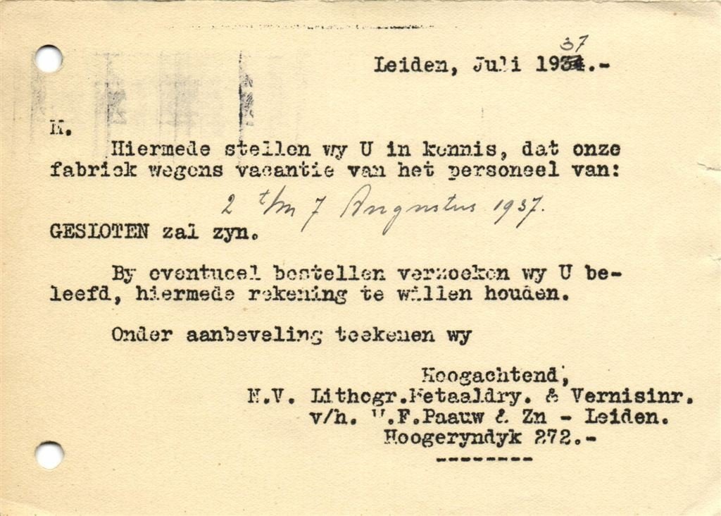 Foto 2 van v/h Firma W.F. Paauw + Zn., Leiden - 07.1937 - briefkaart
