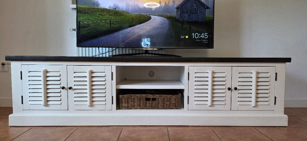 Landelijk TV-meubel met shutterdeurtjes, Ophalen, Gebruikt, Landelijk, 200 cm of meer