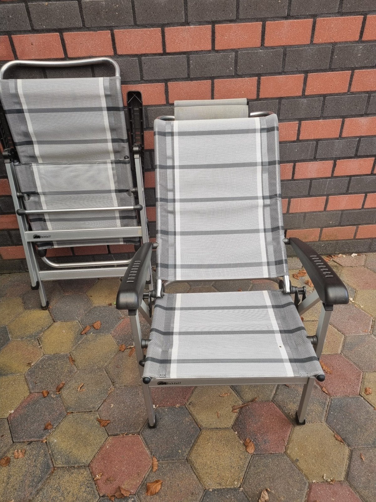 Dukdalf Campingstoelen met kussens en 1 verlengstuk, Ophalen, Zo goed als nieuw, Campingstoel